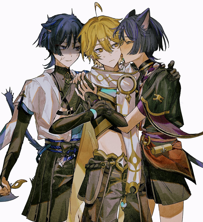 3boys aether_(genshin_impact) ahoge animal_ears annoyed arm_armor arm_grab armor belt black_belt black_bow black_gloves black_hair black_pants black_shirt black_shorts blonde_hair blue_belt blue_cape blue_eyes blue_hair blunt_ends blush bow cape cat_ears cat_tail clenched_hand closed_mouth commentary_request dual_persona earrings elbow_gloves eyeshadow fingerless_gloves fingernails genshin_impact gloves gold_necklace gold_trim grabbing hair_between_eyes hand_on_another's_shoulder hand_up highres japanese_armor jealous jewelry kemonomimi_mode kote kurokote licking licking_another's_cheek licking_another's_face looking_at_another love_triangle makeup male_focus mandarin_collar multicolored_hair multiple_boys navel necklace no_headwear open_clothes open_mouth open_vest pants purple_belt purple_eyes purple_hair red_eyeshadow scaramouche_(genshin_impact) scarf shaded_face shirt short_hair short_sleeves shorts simple_background single_earring sleeveless sleeveless_shirt standing star_(symbol) sweatdrop tail tassel teeth tongue tongue_out two-tone_hair vest wanderer_(genshin_impact) white_background white_scarf white_vest wktk_ki yaoi yellow_eyes