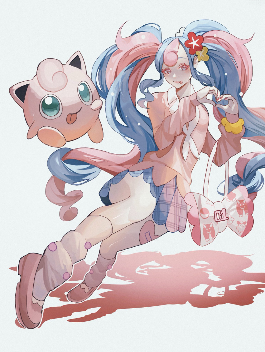 1girl :p aqua_eyes bag fairy_miku_(project_voltage) handbag hatsune_miku heart heart_hands highres holding holding_bag jigglypuff lips long_hair multicolored_hair pink_footwear pokemon project_voltage reo_(mmocc123) shadow shirt shoes skirt smile tongue tongue_out two-tone_hair very_long_hair vocaloid white_background