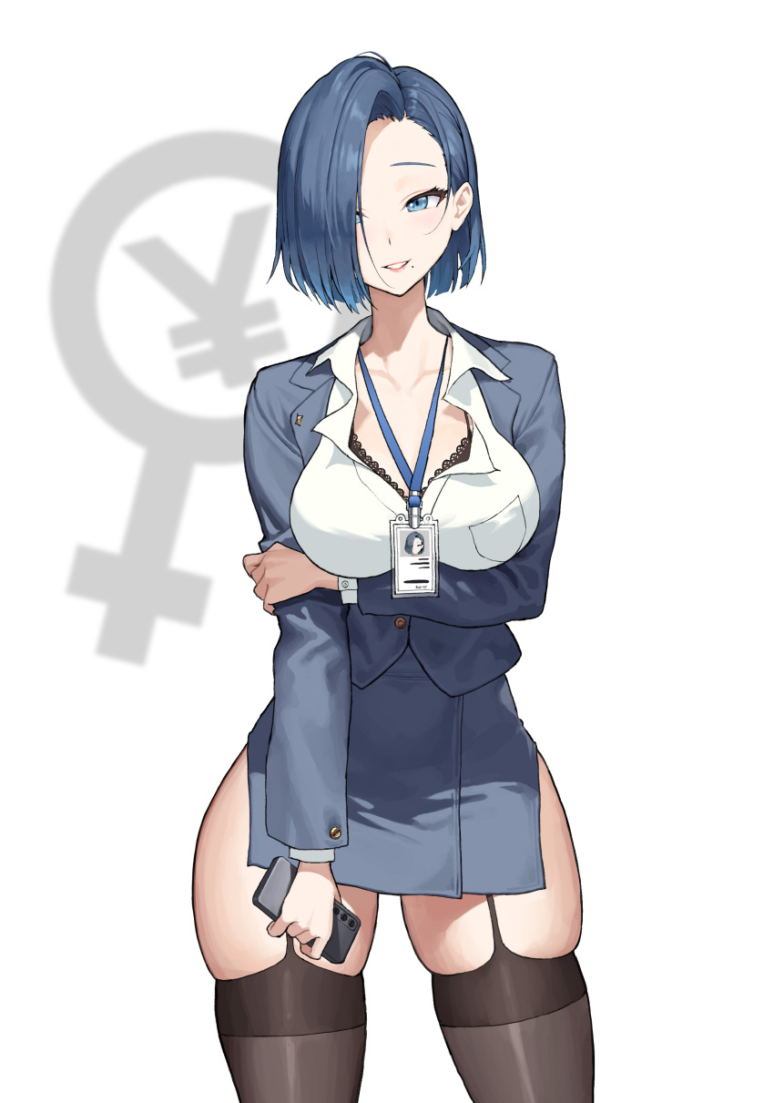 1girl absurdres black_bra blue_eyes blue_hair bra breasts cleavage collared_shirt curvy dress_shirt english_commentary gradient_hair high-waist_skirt highres holding holding_own_arm holding_phone id_card jacket large_breasts looking_at_viewer medium_hair migu_(iws2525) multicolored_hair office_lady original pencil_skirt phone shirt simple_background skindentation skirt skirt_suit solo suit thick_thighs thighhighs thighs underwear white_shirt wide_hips yen_sign