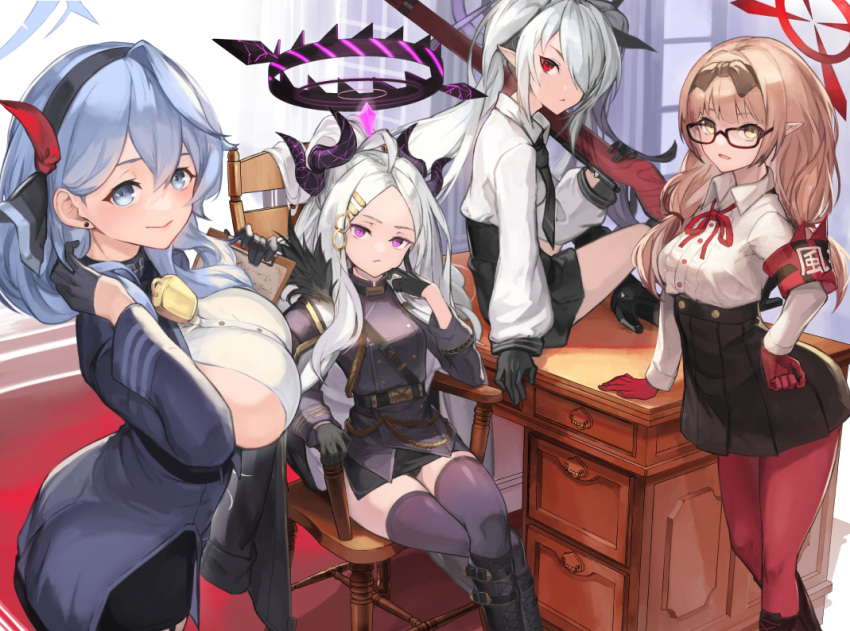 4girls :d ako_(blue_archive) alternate_skin_color arm_support armband armchair bell belt black_coat black_gloves black_necktie black_skirt blue_archive blue_eyes blue_hair blunt_bangs blurry bolt_action bow bowtie breasts brown_hair chair chinatsu_(blue_archive) coat coat_on_shoulders collared_shirt commentary_request crossed_legs demon_girl demon_horns demon_wings depth_of_field desk forehead fur-trimmed_coat fur_trim glasses gloves grey_hair gun hair_between_eyes hair_ornament hair_over_one_eye hair_ribbon hairband hairclip half_gloves halo head_rest head_tilt high-waist_skirt hina_(blue_archive) holding holding_gun holding_weapon horns indoors iori_(blue_archive) long_hair long_sleeves looking_at_viewer mauser_98 military_uniform multiple_girls neck_bell necktie office office_chair open_clothes open_coat pantyhose parted_bangs parted_lips pencil_skirt pleated_skirt pointy_ears prefect_team_(blue_archive) purple_eyes red_armband red_bow red_bowtie red_eyes red_gloves red_pantyhose ribbon rifle sam_browne_belt school_uniform shirt side_slit sideboob sidelocks sitting skirt smile swivel_chair taba_comya uniform wavy_hair weapon white_hair white_shirt window wings yellow_eyes
