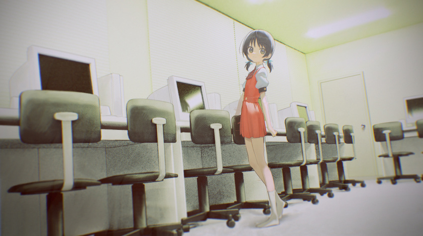 1girl black_eyes black_hair chair commentary_request computer desk dress full_body highres indoors kaai_yuki kurobeko_(kur0bek0) looking_at_viewer monitor office_chair red_dress short_twintails smile socks solo swivel_chair twintails vocaloid