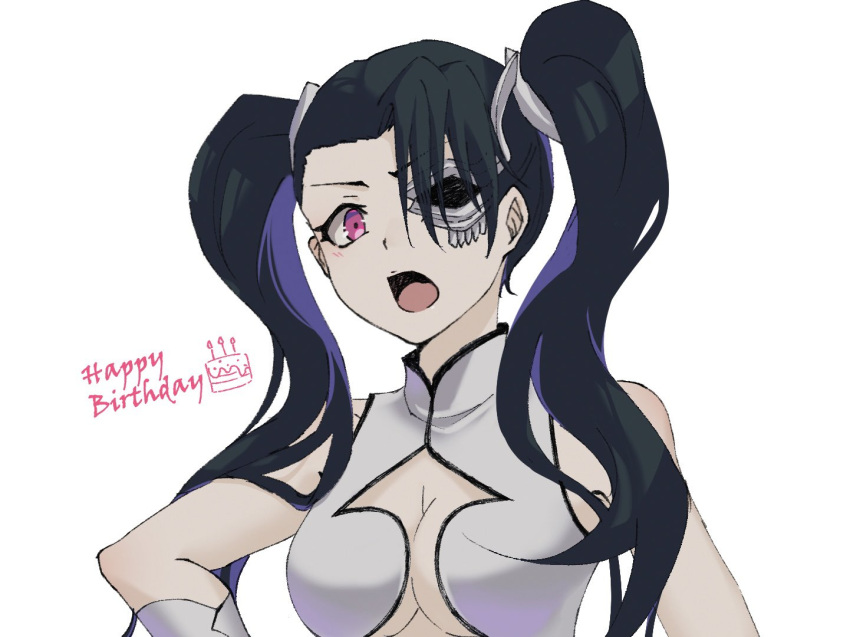 1girl arrancar bare_shoulders black_hair bleach breasts closed_mouth commentary_request forehead hair_over_one_eye happy_birthday light_blush loly_aivirrne long_bangs long_hair looking_at_viewer medium_breasts one_eye_covered open_mouth pink_eyes shirt simple_background sleeveless sleeveless_shirt solo sumire_1046 twintails upper_body v-shaped_eyebrows white_background white_shirt