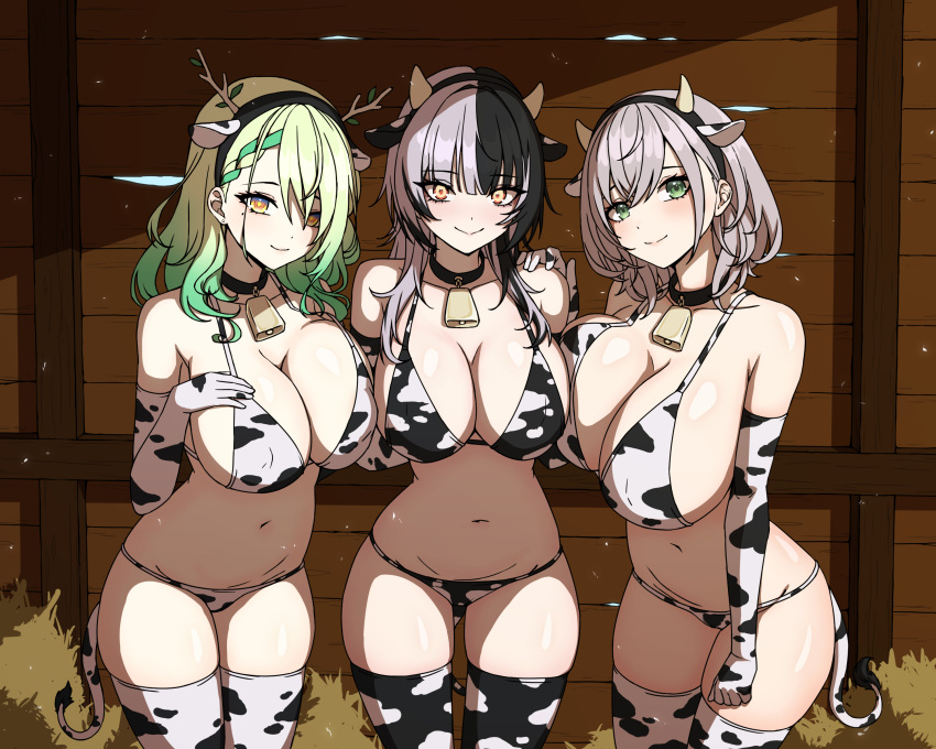 3girls absurdres animal_ears animal_print asymmetrical_docking bell bikini breast_press breasts ceres_fauna cleavage cow_ears cow_girl cow_horns cow_print cow_print_bikini cowbell daydarion english_commentary green_eyes grey_hair highres hololive hololive_english horns huge_breasts large_breasts long_hair multiple_girls navel print_bikini shiori_novella shirogane_noel swimsuit thighhighs thighs virtual_youtuber