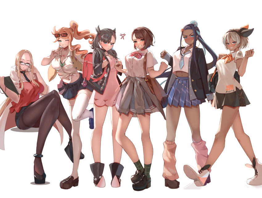 arms_up asymmetrical_bangs baggy_socks bea_(pokemon) black_choker black_footwear black_hair black_jacket black_nails blazer blue_eyes blue_hair blue_skirt bra bra_peek breasts brown_footwear brown_hair choker cleavage collared_shirt commentary commentary_request crop_top dark-skinned_female dark_skin dress dress_shirt earrings eyewear_on_head full_body gloria_(pokemon) green_bra green_eyes grey_sweater grin hair_ribbon heart_pendant highres hoop_earrings jacket jewelry large_breasts leather leather_jacket legs loafers long_hair long_sleeves looking_at_viewer marnie_(pokemon) medium_breasts medium_hair midriff momdy_(talesshinja) multicolored_hair multiple_girls nail_polish navel necklace necktie nessa_(pokemon) oleana_(pokemon) one_eye_closed open_clothes open_collar open_mouth open_vest pantyhose pendant pendant_choker pink_dress pink_socks pokemon pokemon_swsh ponytail red_shirt ribbon shirt shoes short_dress simple_background single_sidelock skirt small_breasts smile socks sonia_(pokemon) standing standing_on_one_leg sweater symbol-only_commentary tachi-e thighhighs tied_shirt two-tone_hair underwear vest white_background white_shirt white_thighhighs yellow_vest