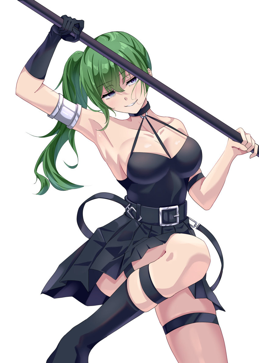 1girl absurdres arm_strap bare_shoulders belt black_belt black_choker black_dress black_gloves black_skirt breasts choker commentary_request dress elbow_gloves gloves green_hair hair_between_eyes halterneck highres holding holding_polearm holding_weapon kneehighs large_breasts long_hair looking_to_the_side pleated_skirt polearm purple_eyes side_ponytail simple_background single_elbow_glove skirt sleeveless sleeveless_dress smile socks solo sousou_no_frieren thigh_strap ubel_(sousou_no_frieren) uyufuzi_s weapon white_background