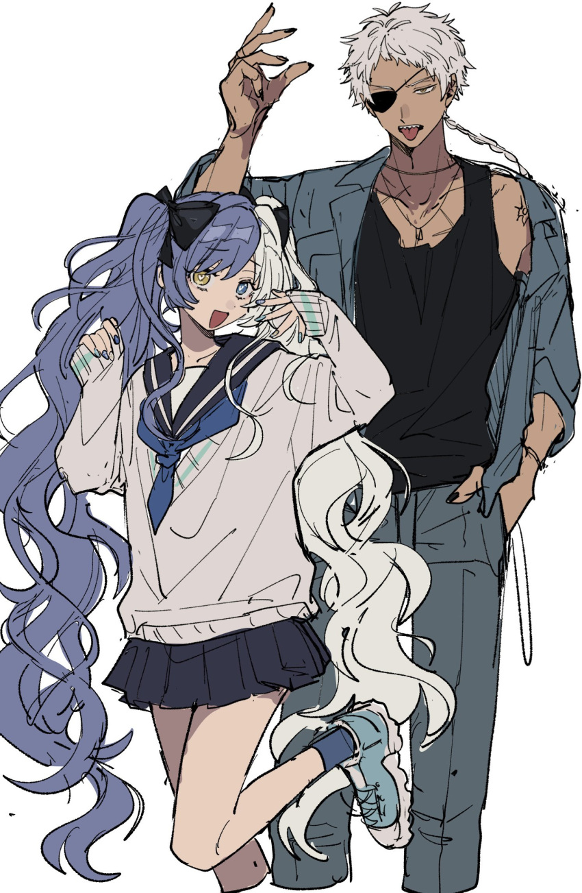 1boy 1girl aoi_(yooo009) bandages black_skirt blue_eyes blue_hair braid cardigan dark-skinned_male dark_skin grey_hair hair_ribbon hand_up heterochromia highres jacket long_hair long_sleeves looking_at_viewer multicolored_hair nail_polish neckerchief open_mouth original pleated_skirt ribbon sailor_collar school_uniform serafuku sharp_teeth shoes simple_background skirt smile sneakers socks standing sweater tank_top teeth tongue tongue_out twintails very_long_hair wavy_hair white_background white_hair