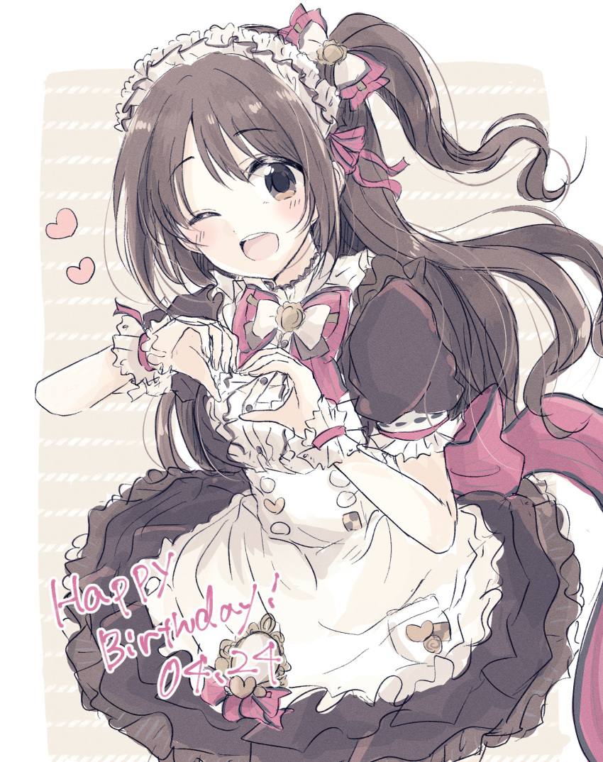 1girl ;d apron back_bow baran._(ba_ra_ran) black_dress blush border bow bowtie brown_background brown_eyes brown_hair commentary_request cowboy_shot dated dress english_text frilled_apron frilled_dress frills hair_bow happy_birthday heart heart_hands highres idolmaster idolmaster_cinderella_girls idolmaster_cinderella_girls_starlight_stage looking_at_viewer maid maid_headdress one_eye_closed one_side_up open_mouth outside_border red_bow red_bowtie shimamura_uzuki smile song_name teeth upper_teeth_only white_apron white_border white_bow white_bowtie