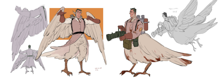 1boy absurdres bird_boy bird_legs bird_wings citrus0lemon flying full_body furry furry_male gloves highres male_focus mature_male medic medic_(tf2) monster_boy multiple_views simple_background smile team_fortress_2 white_background wings