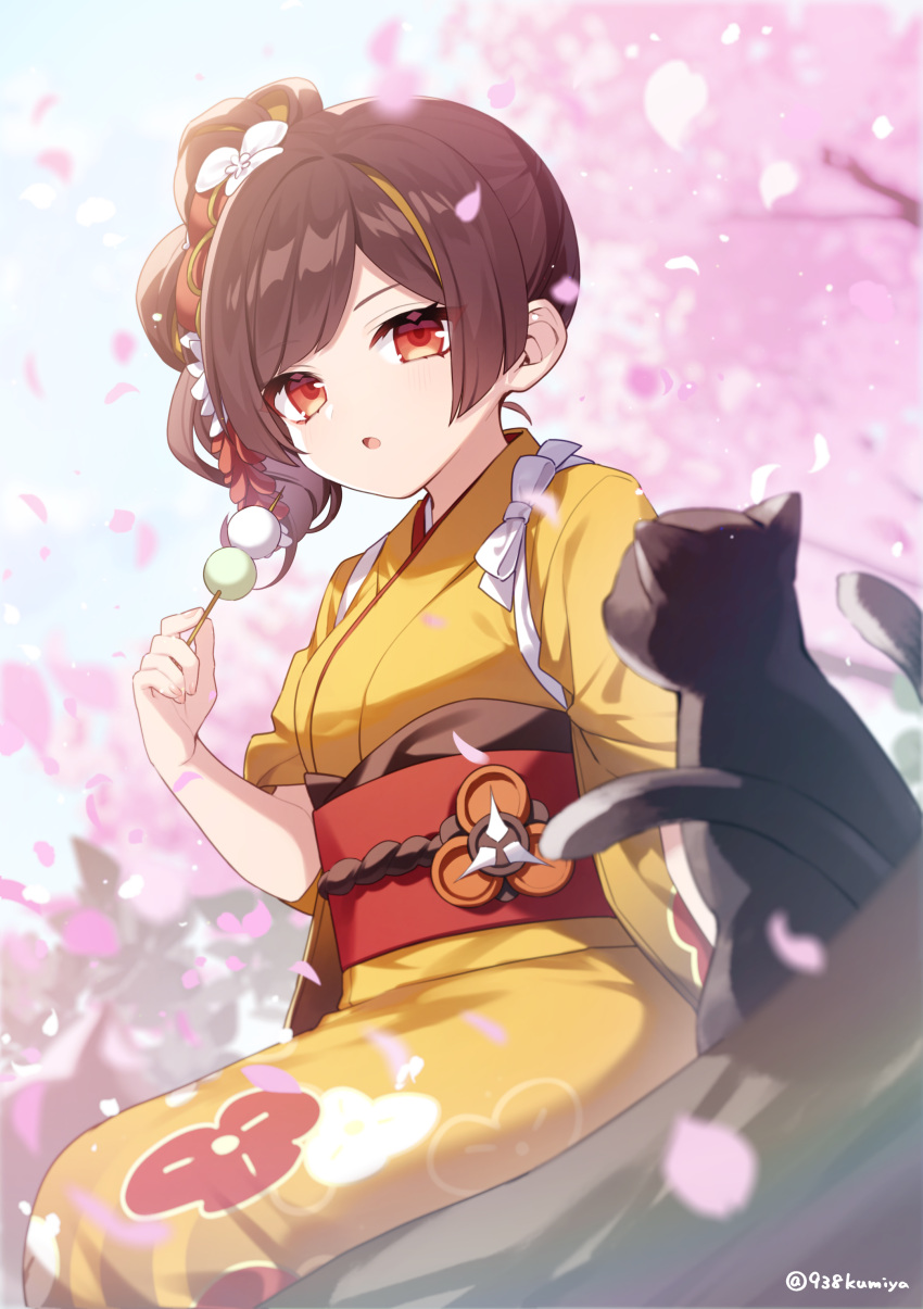 1girl :o absurdres adapted_costume aged_down artist_name black_cat brown_hair cat cherry_blossoms chiori_(genshin_impact) commentary_request dango feet_out_of_frame floral_print food genshin_impact hand_up highres holding holding_skewer japanese_clothes kimono kumiya long_hair looking_at_viewer multiple_tails obi open_mouth orange_hair outdoors parted_bangs red_eyes red_sash sash side_ponytail sitting skewer solo tail tree two_tails wagashi yellow_kimono
