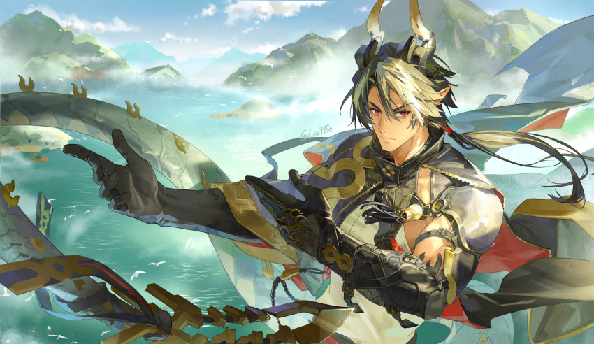 1boy absurdres arknights black_cape black_hair black_skin blonde_hair blue_sky cape chong_yue_(arknights) cloud colored_skin commentary_request dragon_boy dragon_horns dragon_tail highres horns lee999nine looking_at_viewer low_ponytail mountain multicolored_hair pointy_ears ponytail red_cape red_eyes shirt sky streaked_hair tail twitter_username two-sided_cape two-sided_fabric two-tone_hair upper_body white_shirt