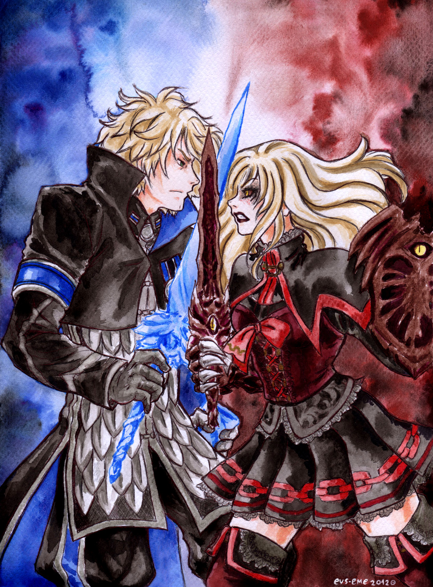 1boy 1girl 2012 absurdres alpha_patroklos black_sclera blonde_hair brother_and_sister dark_persona emelina_vasquez_solar highres long_hair patroklos_alexandra pyrrha_alexandra pyrrha_omega shield siblings skirt soul_calibur soul_calibur_(weapon) soul_edge_(weapon) soulcalibur_v sword traditional_media weapon