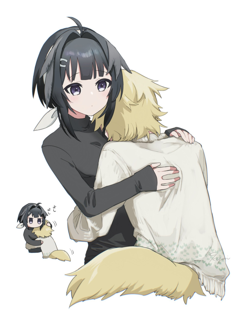 1boy 1girl 9kugai ahoge alternate_costume animal_ears arknights bird_girl black_hair black_shirt blonde_hair brother_and_sister commentary_request cropped_torso dog_boy dog_ears dog_tail expressionless facing_viewer hair_intakes hair_ornament hairband hairclip hand_on_another's_back hand_on_another's_head hand_on_another's_shoulder highres hug inset la_pluma_(arknights) parted_lips purple_eyes shirt siblings signature simple_background step-siblings tail tequila_(arknights) turtleneck white_background white_hairband white_shirt