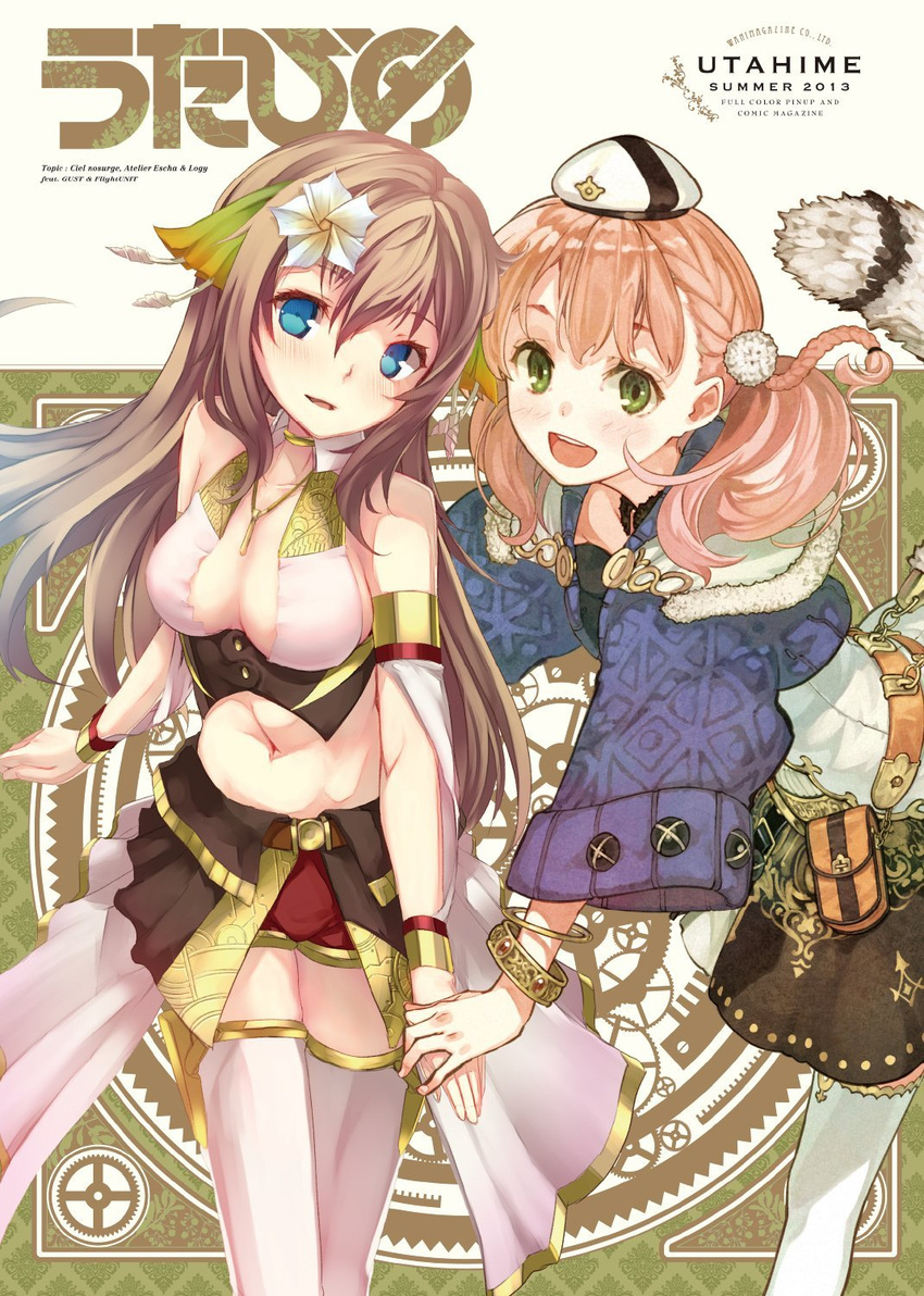 armband atelier_(series) atelier_escha_&amp;_logy bare_shoulders belt blue_eyes blush bracelet breasts bridal_gauntlets brown_hair buttons choker ciel_nosurge cleavage coat company_connection crossover detached_sleeves escha_malier flower gears green_eyes gust hair_flower hair_ornament hat hidari_(left_side) highres holding_hands ionasal_kkll_preciel jewelry long_hair medium_breasts midriff multicolored_hair multiple_girls navel ntny open_mouth pink_hair pouch shorts skirt smile surge_concerto thighhighs twintails white_hair white_legwear