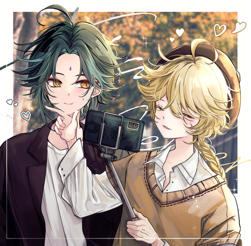 2boys aether_(genshin_impact) black_hair blonde_hair braid brown_jacket brown_sweater cellphone closed_eyes closed_mouth earrings facial_mark forehead_mark garu_roong genshin_impact green_hair hair_between_eyes highres jacket jewelry long_hair male_focus multicolored_hair multiple_boys open_mouth phone selfie_stick shirt smartphone smile sweater white_shirt xiao_(genshin_impact) yellow_eyes