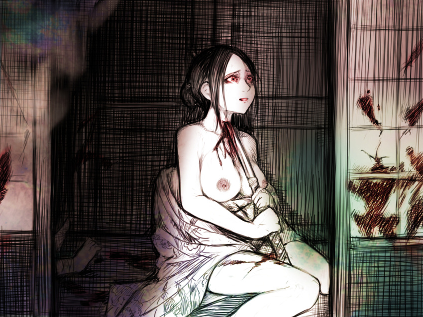 1girl 1other blood blood_on_ground breasts collarbone commentary_request disorder! floral_print guro highres holding holding_sword holding_weapon japanese_clothes katana kimono large_breasts monochrome nipples on_ground open_clothes open_mouth original red_eyes seppuku short_hair shouji sitting sliding_doors solo_focus spot_color suicide sword weapon