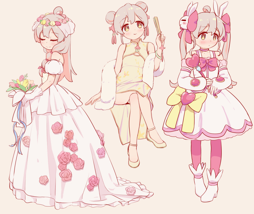 1girl ahoge alternate_costume bare_legs bare_shoulders blush boots bouquet bow bowtie bride china_dress chinese_clothes chinese_commentary closed_eyes colored_inner_hair commentary crossed_legs detached_sleeves double_bun dress flower flower_wreath folding_fan full_body gloves grey_hair hair_bow hair_bun hair_ornament hair_over_shoulder hand_fan highres holding holding_bouquet holding_fan holding_wand long_sleeves multicolored_hair multiple_views onii-chan_wa_oshimai! oyama_mahiro pantyhose pink_bow pink_hair pink_pantyhose puffy_detached_sleeves puffy_sleeves rabbit_hair_ornament red_bow red_bowtie shoes short_sleeves simple_background sleeveless sleeveless_dress smile strapless strapless_dress twintails two-tone_hair veil wand wedding_dress white_footwear white_gloves yellow_dress yellow_eyes yellow_footwear ziyan_yi