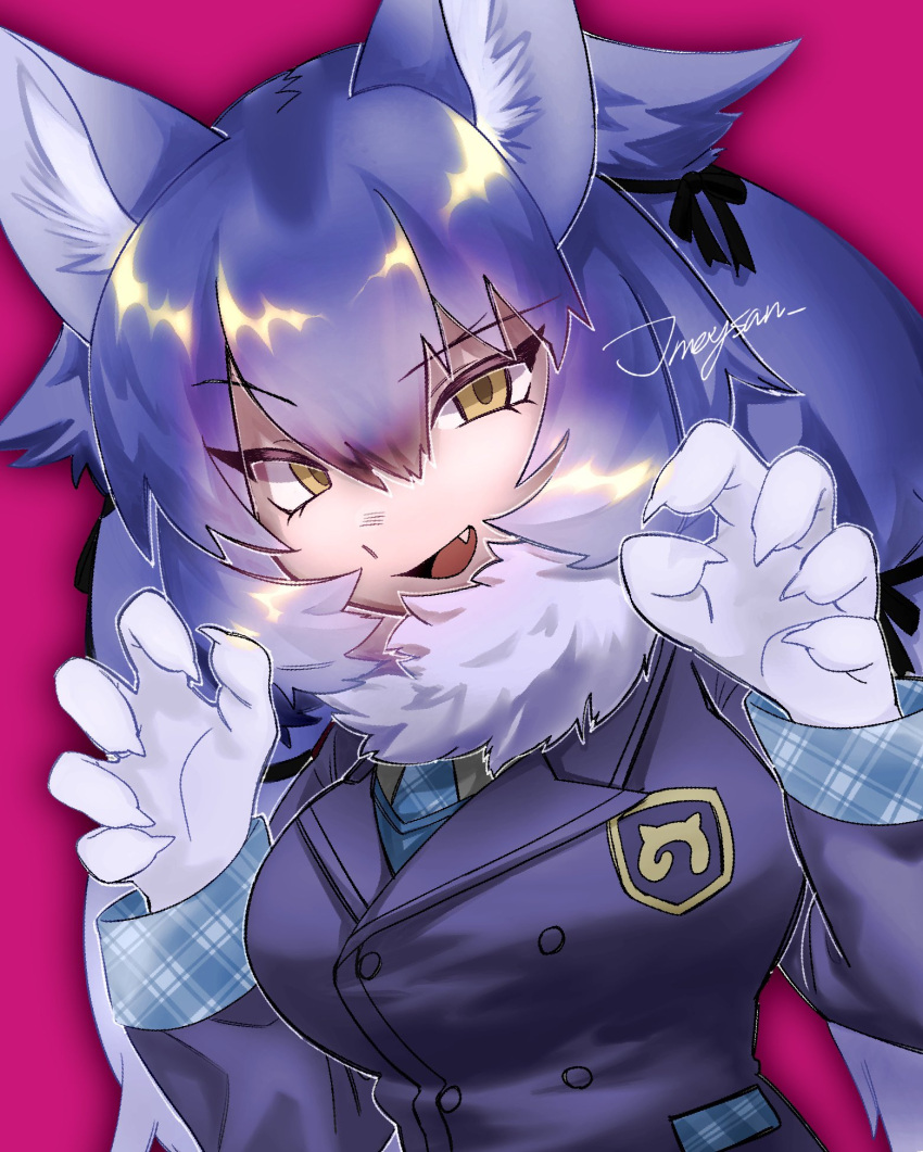 1girl :d animal_ear_fluff animal_ears bad_id bad_twitter_id black_jacket blue_hair breasts claw_pose claws dire_wolf_(kemono_friends) fang fur_collar gradient_hair hair_between_eyes highres inactive_account jacket japari_symbol jmeysan kemono_friends kemono_friends_v_project large_breasts long_hair long_sleeves looking_at_viewer multicolored_hair open_mouth simple_background smile solo upper_body virtual_youtuber white_hair wolf_ears yellow_eyes