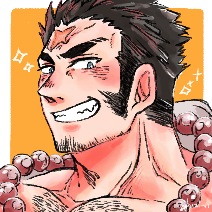 1boy absurdres bara bead_necklace beads blush cross_scar facial_hair goatee_stubble grin highres houzouin_oniwaka jewelry long_sideburns looking_at_viewer male_focus multicolored_hair muscular muscular_male necklace nude pectorals portrait scar scar_on_face scar_on_forehead short_hair sideburns smile solo sparse_chest_hair stubble thick_eyebrows tokyo_afterschool_summoners two-tone_hair yokujitsu_(yokuzi_41)