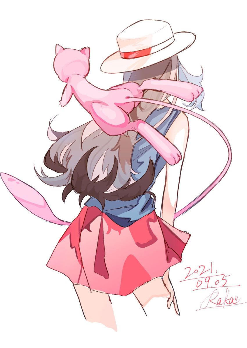 1girl brown_hair commentary_request dated from_behind hand_on_own_thigh hat highres leaf_(pokemon) leaning long_hair mew_(pokemon) pokemon pokemon_(creature) pokemon_frlg r.aka. shirt signature simple_background skirt sleeveless sleeveless_shirt white_background white_hat