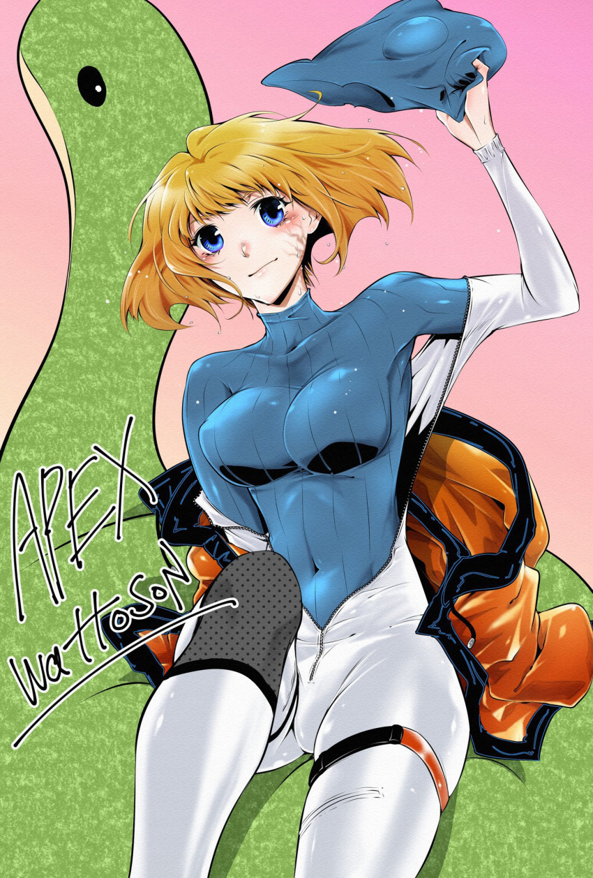 1girl apex_legends blonde_hair blue_eyes bodysuit breasts character_name covered_navel floating_hair highres holding looking_at_viewer medium_breasts nessie_(respawn) pink_background ribbed_bodysuit scar scar_on_cheek scar_on_face short_hair sitting skin_tight solo thigh_strap uinn_(fwarawing) wattson_(apex_legends) white_bodysuit
