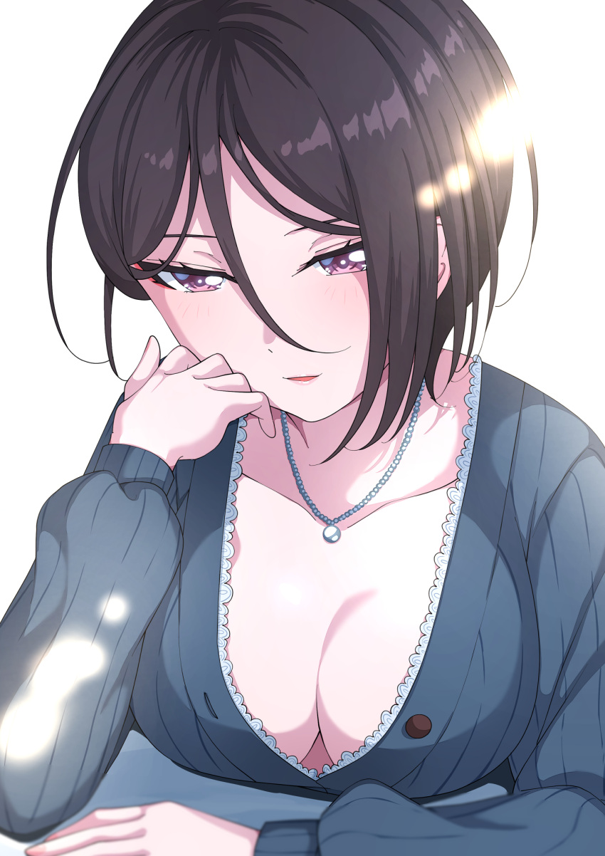 1girl asymmetrical_hair bang_dream! black_hair blush breasts cleavage hair_between_eyes hand_rest highres jewelry kitayu large_breasts lipstick long_sleeves looking_at_viewer makeup necklace open_mouth pink_eyes short_hair simple_background single_sidelock smile solo unbuttoned upper_body white_background yashio_rui
