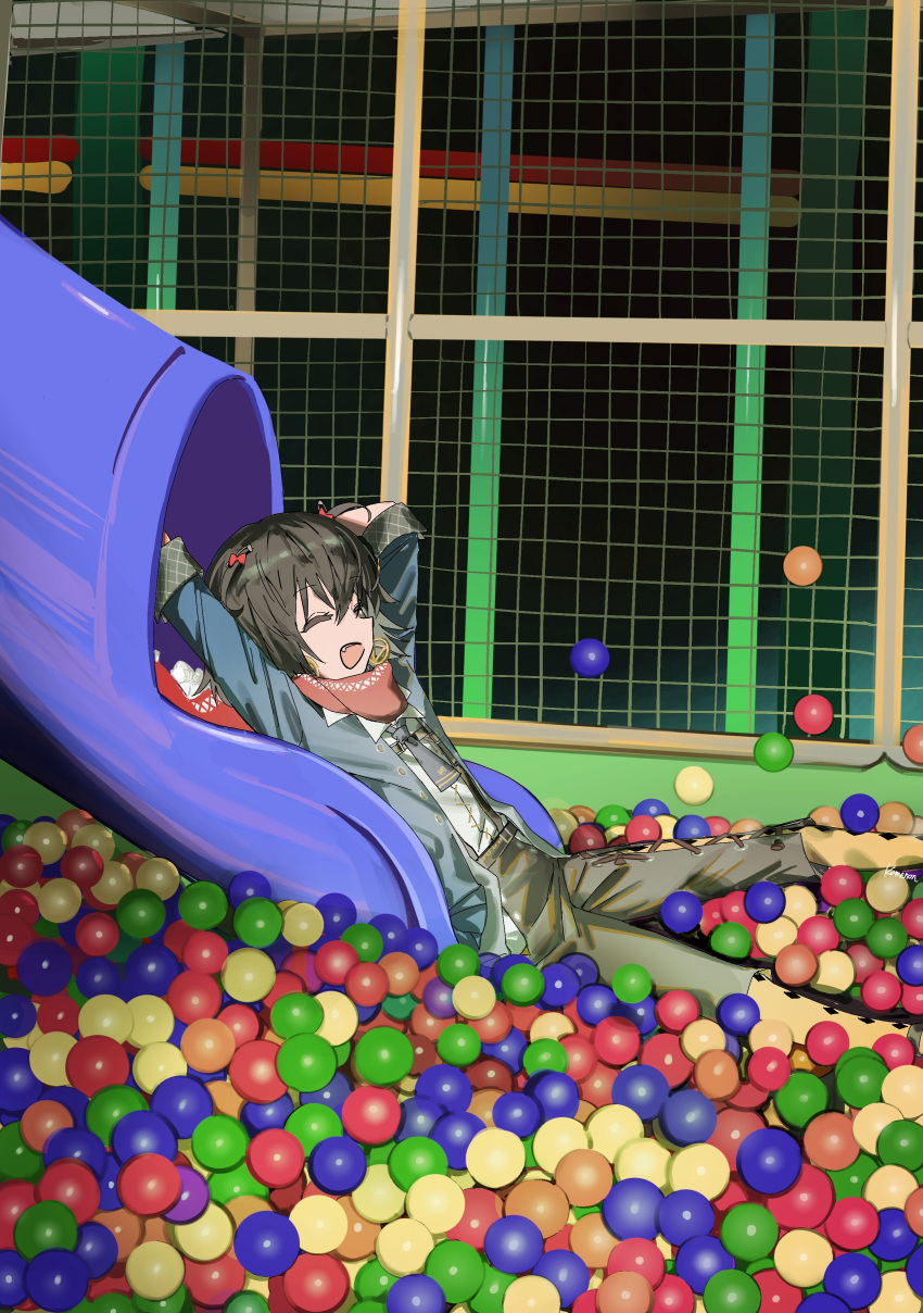 1boy absurdres arms_up ball_pit black_hair black_pants blue_coat blue_necktie closed_eyes coat fang feet_out_of_frame from_side highres indoors kome_non male_focus mashiro_meme mashiro_meme_(1st_costume) mesh necktie nijisanji open_clothes open_coat open_mouth pants red_scarf scarf shirt short_hair signature smile solo suspenders virtual_youtuber water_slide white_shirt
