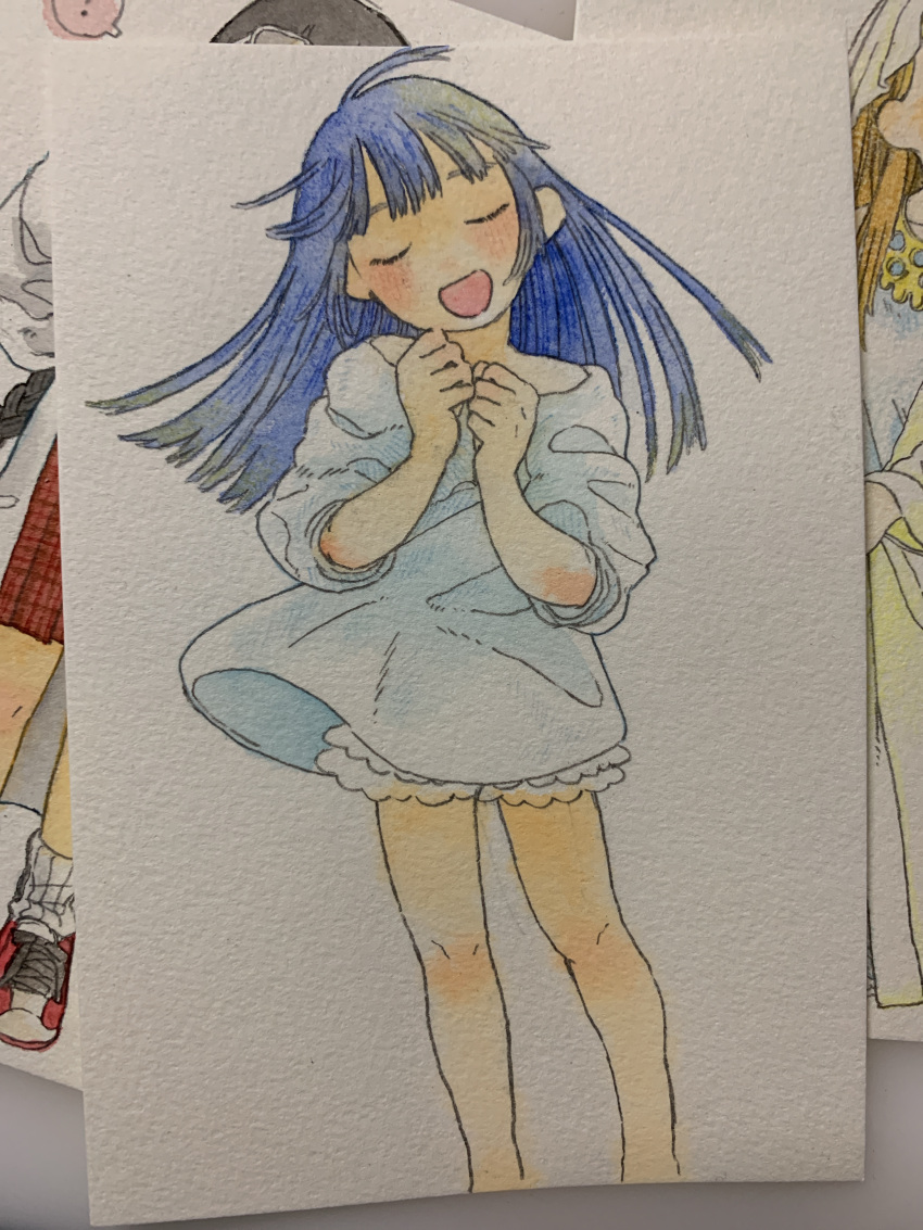 2satsuki_82 3girls absurdres bare_legs bloomers blue_hair blush clenched_hands closed_eyes dress facing_viewer feet_out_of_frame floating_hair hands_up head_tilt highres long_hair multiple_girls open_mouth original out_of_frame painting_(medium) photo_(medium) short_dress smile solo_focus standing traditional_media watercolor_(medium) white_bloomers white_dress wind wind_lift
