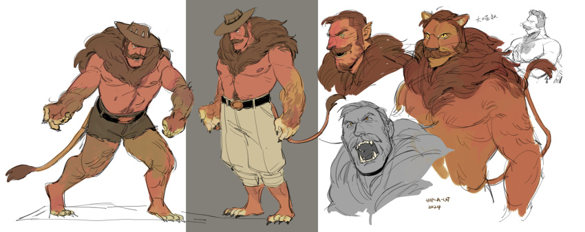 1boy absurdres animal_ears bara brown_fur brown_hair citrus0lemon cowboy_hat cropped_torso facial_hair full_body furry furry_male hat highres large_pectorals lion_boy lion_ears lion_mane lion_tail male_focus mature_male multiple_views muscular pectorals saxton_hale sharp_teeth short_hair shorts tail team_fortress_2 teeth thick_mustache thick_navel_hair topless_male torn_clothes torn_shorts white_background