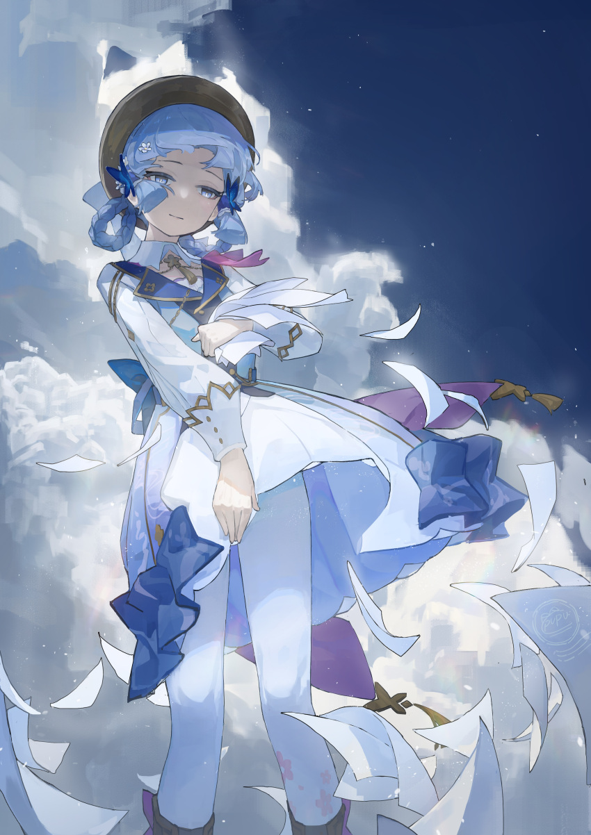1girl absurdres artist_name blue_dress blue_eyes blue_hair blue_sky blunt_tresses brown_hat butterfly_hair_ornament closed_mouth cloud commentary_request cumulonimbus_cloud dress expressionless feet_out_of_frame floral_print genshin_impact hair_ornament hat highres holding holding_paper kamisato_ayaka kamisato_ayaka_(springbloom_missive) light_blue_hair long_hair long_sleeves looking_at_viewer multicolored_clothes multicolored_dress neck_tassel official_alternate_costume official_alternate_hairstyle outdoors pantyhose paper pupubutong sky solo white_dress white_pantyhose wind wind_lift