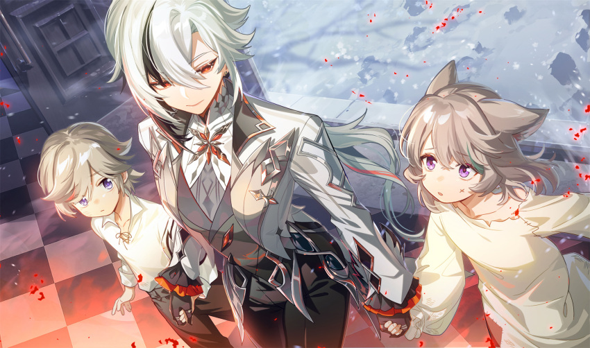 animal_ear_fluff animal_ears arlecchino_(genshin_impact) black_hair black_hands brother_and_sister cat_ears cat_girl closed_mouth colored_extremities dr.k genshin_impact grey_hair highres holding_hands long_hair long_sleeves looking_at_another lynette_(genshin_impact) lyney_(genshin_impact) multicolored_hair purple_eyes red_hair red_pupils siblings streaked_hair symbol-shaped_pupils twins x-shaped_pupils