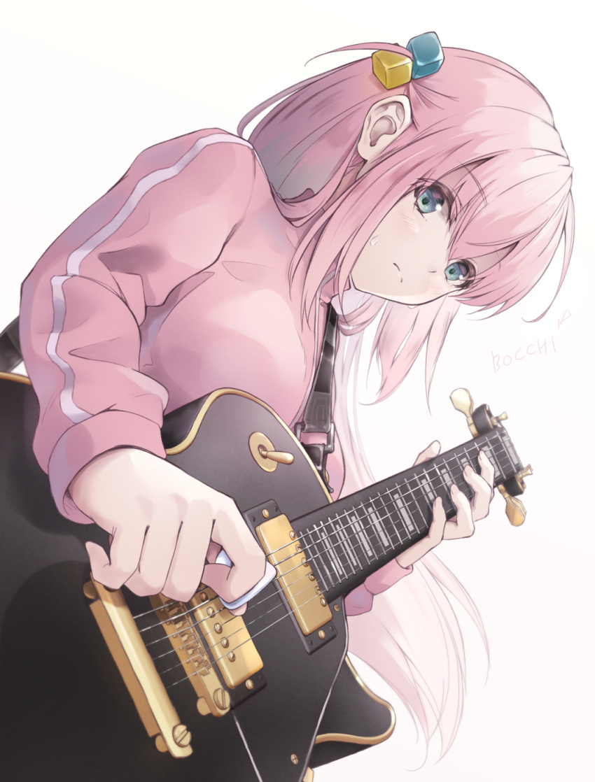 1girl ajigo blue_eyes bocchi_the_rock! cube_hair_ornament gotoh_hitori guitar hair_ornament highres holding holding_plectrum instrument jacket long_hair pink_hair pink_jacket pink_track_suit plectrum simple_background solo track_jacket white_background