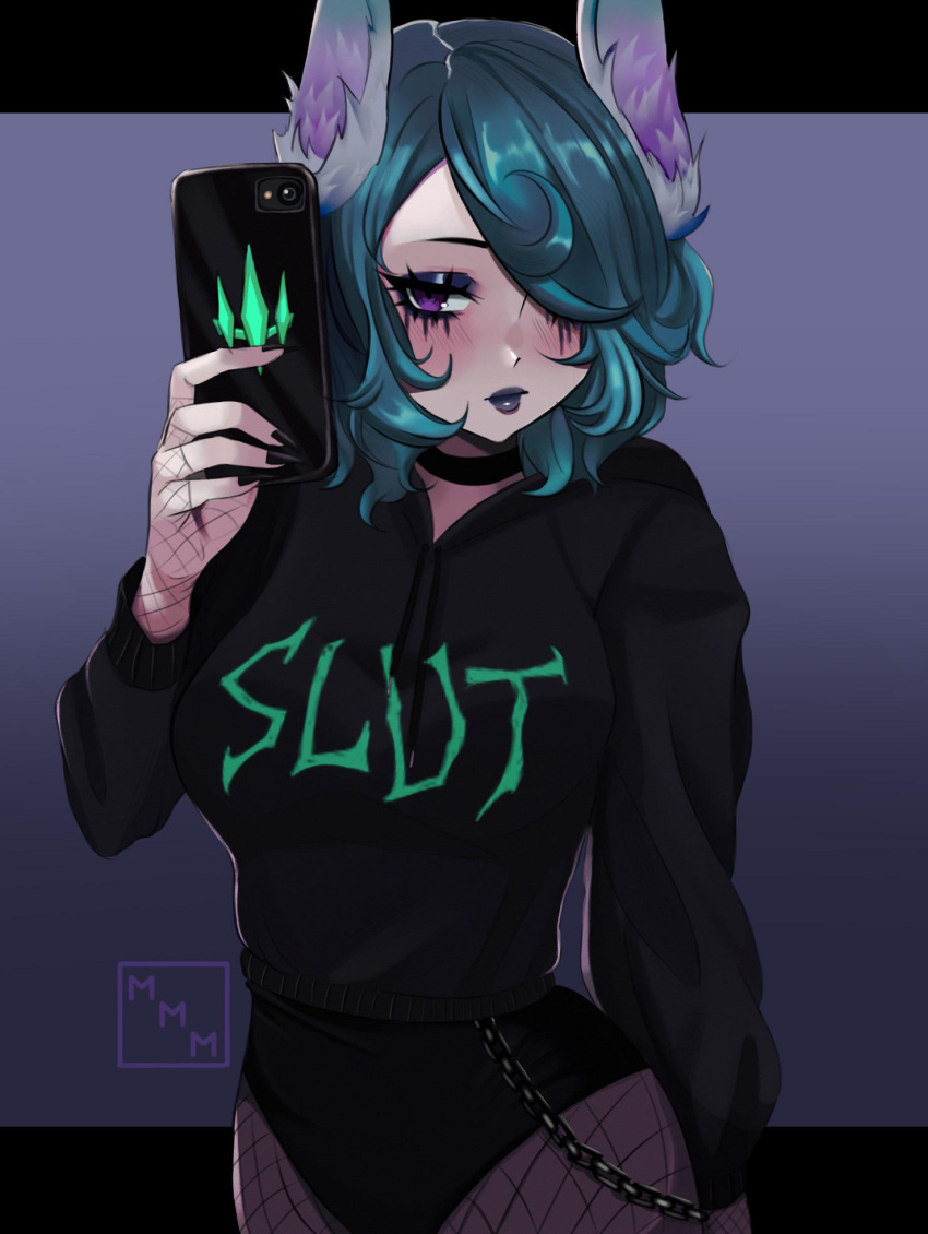 black_hoodie black_nails cellphone chain fishnet_gloves fishnets gloves highres hood hoodie iwannabethesun non-web_source phone runny_makeup selfie smartphone vex_(league_of_legends)