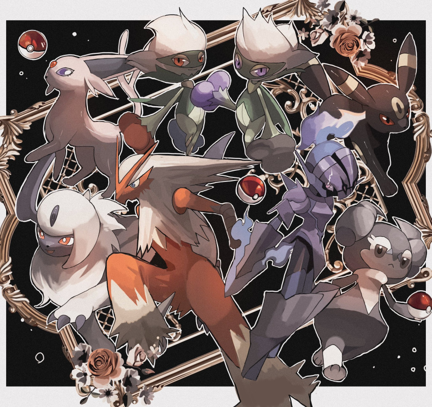 :&lt; absol alternate_color black_fur border ceruledge colored_sclera colored_skin espeon flower green_skin grey_skin highres holding holding_poke_ball indeedee indeedee_(male) no_humans open_mouth outline pink_skin poke_ball pokemon pokemon_(creature) purple_eyes red_eyes red_sclera reo_(mmocc123) rose roserade shiny_pokemon smile two-tone_background umbreon white_border white_fur white_outline