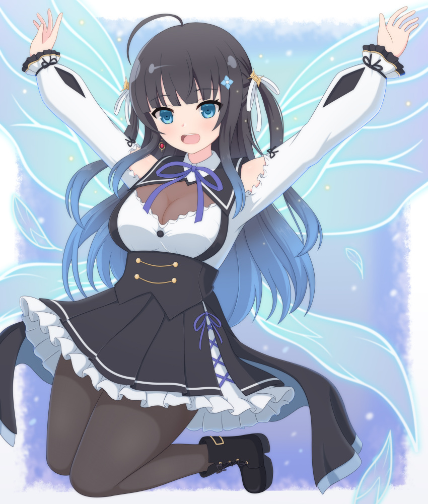 1girl absurdres ahoge ankle_boots arms_up assault_lily bare_shoulders black_footwear black_hair black_pantyhose black_skirt blue_background blue_eyes blue_flower blue_hair blue_wings blunt_bangs boots border breasts butterfly_wings cleavage clothing_cutout commentary cross-laced_clothes cross-laced_footwear cross-laced_skirt earrings flower frilled_shirt frilled_skirt frilled_sleeves frills full_body gradient_background gradient_hair hair_flower hair_ornament hair_ribbon haniwa_(kiminozorazio) highres insect_wings jewelry jumping lace-up_boots legs_up light_blush light_particles long_hair long_sleeves looking_ahead medium_breasts miniskirt mozuna_noa multicolored_hair neck_ribbon open_mouth outside_border outstretched_arms pantyhose purple_ribbon ribbon school_uniform see-through shirt shoulder_cutout sidelocks skirt smile solo suspenders teeth two-tone_hair two_side_up underbust upper_teeth_only white_border white_ribbon white_shirt wings yurigaoka_girls_academy_school_uniform