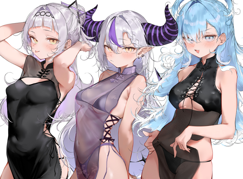 3girls :p absurdres alternate_costume arched_bangs armpit_crease armpits arms_behind_back arms_up bare_arms bare_shoulders bikini black_dress black_panties blue_eyes blue_hair blunt_bangs blush braid braided_bangs breasts brooch cleavage cleavage_cutout closed_mouth clothing_cutout covered_navel cross-laced_clothes cross-laced_dress demon_girl demon_horns demon_tail dress ear_piercing fang grey_hair hair_between_eyes hair_bun hair_intakes hair_ornament hairband highres hololive hololive_indonesia horns huge_horns jewelry kobo_kanaeru la+_darknesss liquid_hair long_hair looking_at_viewer multicolored_hair multiple_girls murasaki_shion open_mouth panties pepq photo_inset piercing pointy_ears purple_bikini purple_dress purple_hair purple_horns reference_inset revealing_clothes see-through see-through_dress shiny_clothes side-tie_dress sideless_dress simple_background skin_fang skindentation sleeveless small_breasts star_brooch streaked_hair striped_horns swimsuit tail tongue tongue_out underboob underwear upper_body very_long_hair virtual_youtuber white_background white_hair yellow_eyes