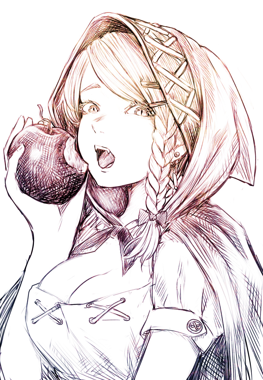 1girl apple braid breasts cleavage cloak commentary_request disorder! earrings fangs food fruit hair_ornament hairclip highres holding holding_food holding_fruit hood hood_up jewelry large_breasts little_red_riding_hood little_red_riding_hood_(grimm) looking_at_viewer medium_hair open_mouth short_sleeves side_braid simple_background solo teeth upper_body white_background