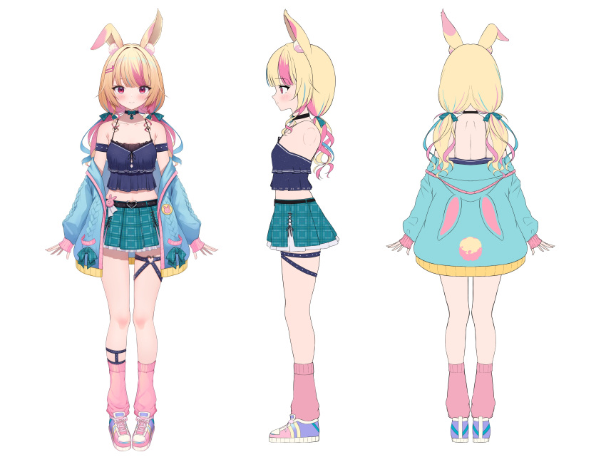 1girl absurdres animal_ear_fluff animal_ears aqua_ribbon aqua_skirt belt black_belt black_choker blonde_hair blue_camisole blue_cardigan blue_hair blush camisole cardigan choker closed_mouth collarbone commentary english_commentary equal_(heartstrings) frilled_camisole frilled_skirt frills full_body globie hair_ornament hair_ribbon hairclip heart_o-ring highres hooded_cardigan looking_at_viewer low_twintails multicolored_hair multiple_views navel open_cardigan open_clothes patch pink_eyes pink_hair pink_leg_warmers plaid plaid_skirt pleated_skirt purple_footwear rabbit_ears rabbit_girl rhubarb_n._kustard ribbon second-party_source shoes simple_background skirt smile sneakers spine streaked_hair thigh_strap thighs twintails virtual_youtuber white_background