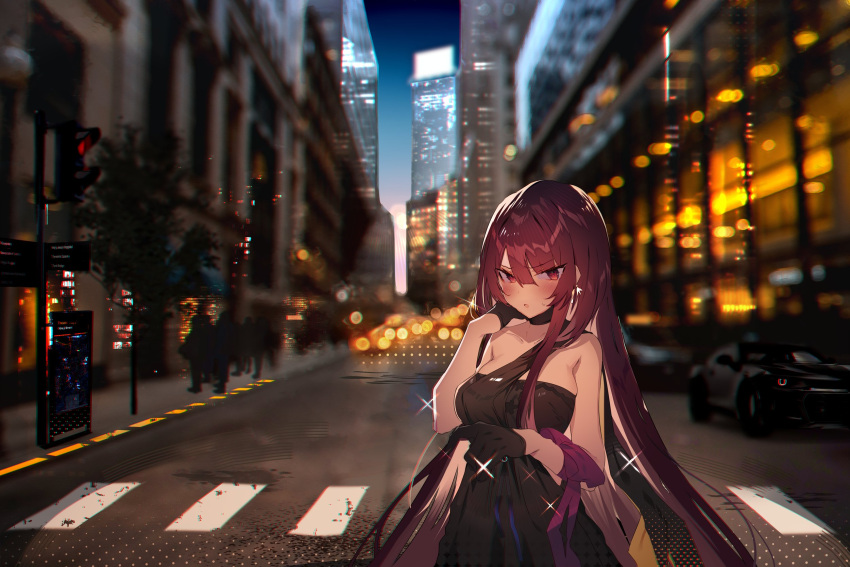 1girl arm_ribbon bare_shoulders black_dress black_gloves blurry blurry_background blush city city_lights cityscape collarbone cowboy_shot dress earrings girls'_frontline gloves half_gloves hand_up highres jewelry long_hair looking_at_viewer night official_alternate_costume outdoors purple_hair red_eyes red_ribbon ribbon road solo soukou_makura street wa2000_(ballroom_interlude)_(girls'_frontline) wa2000_(girls'_frontline) wide_shot