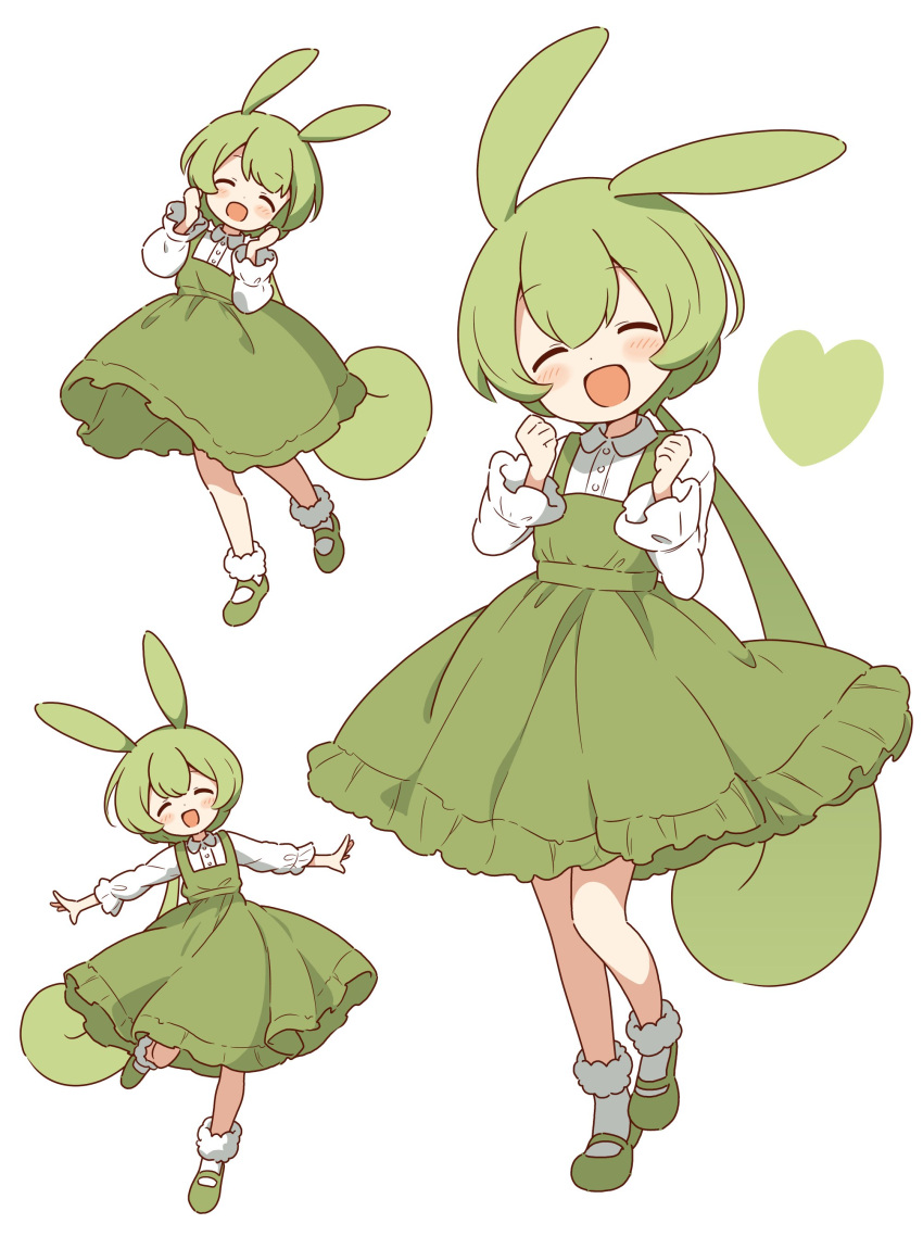 1girl :d absurdres blush clenched_hands closed_eyes collared_shirt dress facing_viewer foot_up frilled_dress frills green_dress green_footwear green_hair hands_up head_tilt heart highres long_hair long_sleeves low-tied_long_hair multiple_views open_mouth outstretched_arms pinafore_dress shirt shoes sidelocks simple_background sleeveless sleeveless_dress smile socks voicevox white_background white_shirt white_socks zundamon zunmut