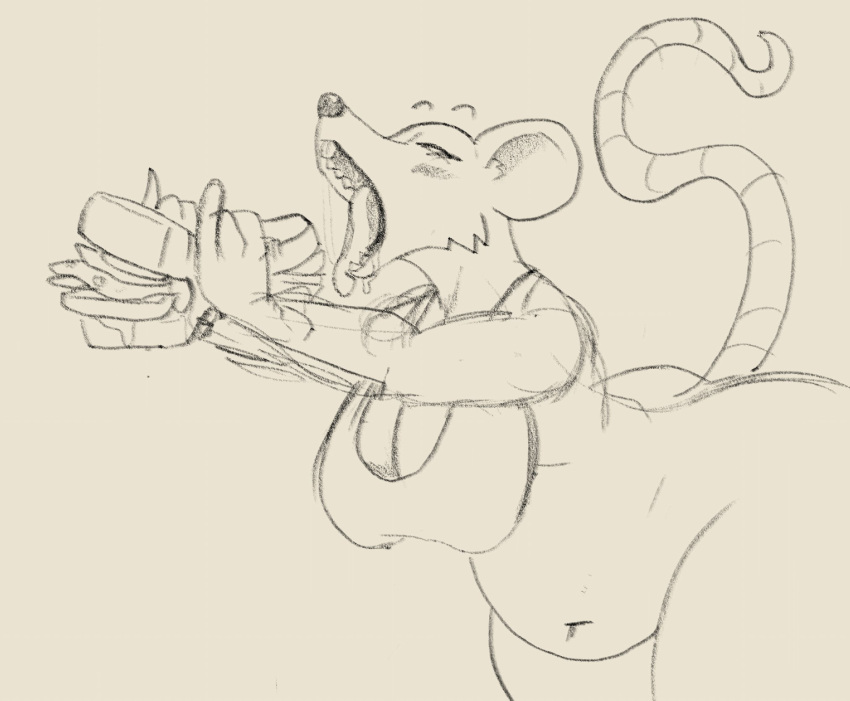2023 anthro breasts clothed clothing female food hi_res mammal murid murine open_mouth partially_clothed pillowtummy rat rodent sandwich_(food) sketch solo thick_thighs