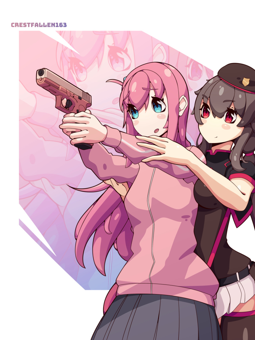 2girls artist_name badge black_thighhighs blue_skirt bocchi_the_rock! brown_hair crestfallen163 crossover girls'_frontline glock_17_(girls'_frontline) gotoh_hitori gun hair_between_eyes hair_ornament handgun hat highres holding holding_gun holding_weapon jacket multicolored_background multiple_girls open_mouth pink_hair pleated_skirt red_eyes self-upload shirt skirt thighhighs track_jacket weapon white_shirt zipper