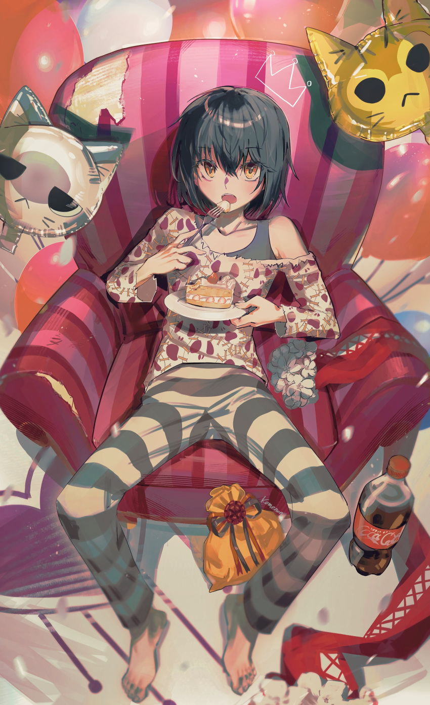 1boy absurdres animal_balloon armchair bag barefoot black_hair black_tank_top blush cake cake_slice chair coca-cola drawn_crown eating food fork full_body heart highres holding holding_fork holding_plate indoors kome_non layered_shirt long_sleeves looking_at_viewer male_focus mashiro_meme mashiro_meme_(2nd_costume) nijisanji off_shoulder on_chair open_mouth pants patterned_clothing plate reclining shirt short_hair single_bare_shoulder sitting soda_bottle solo spread_legs striped_clothes striped_pants tank_top virtual_youtuber white_shirt yellow_eyes