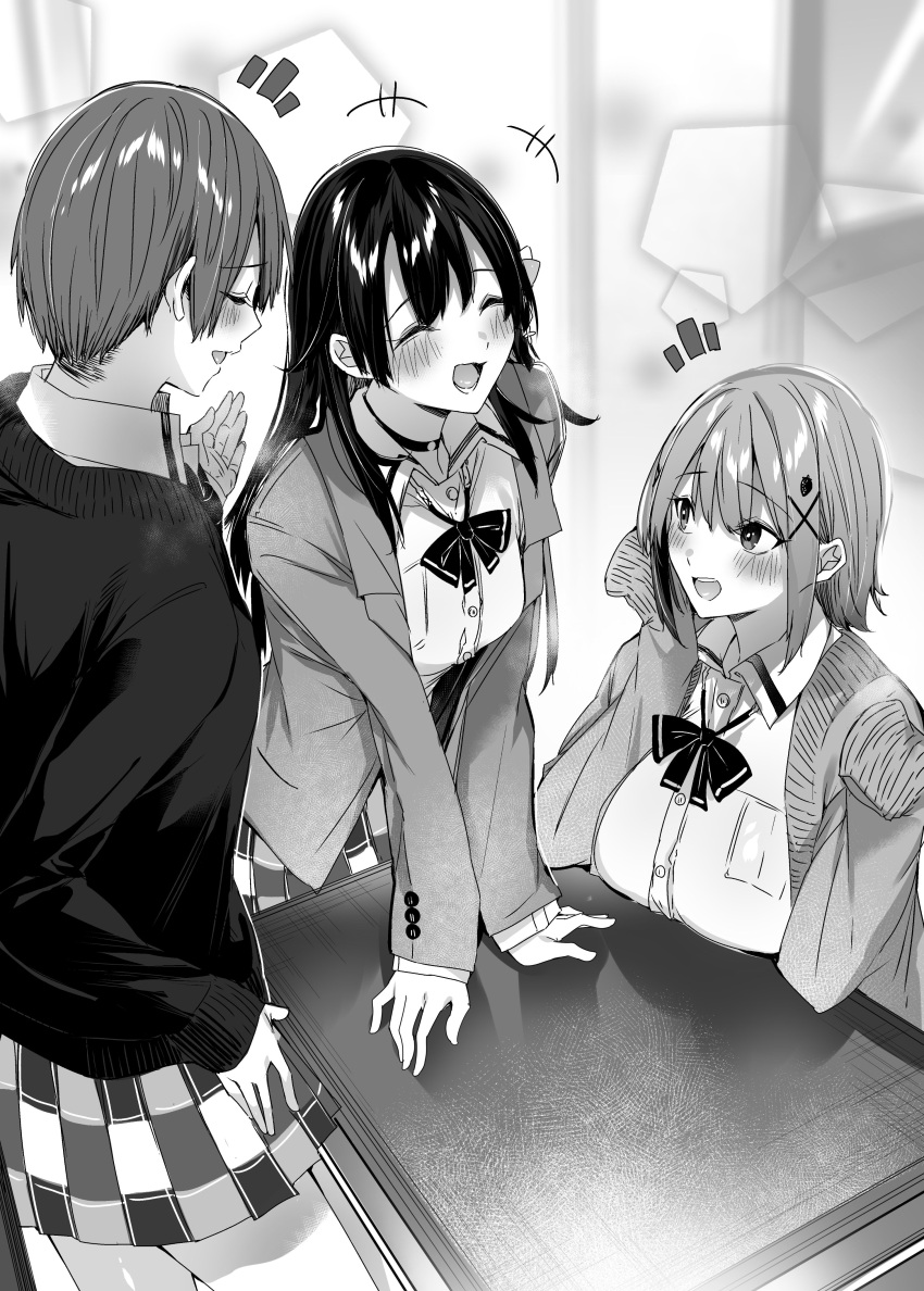 +++ 3girls absurdres arm_support blush bow bowtie breast_rest breasts breasts_on_table cardigan closed_eyes collared_shirt commentary_request drop_shadow furrowed_brow greyscale hand_up hands_up highres hitotsuba_kaede jacket kakao_(chocolate_land) large_breasts long_hair long_sleeves lower_teeth_only miniskirt monochrome multiple_girls nikaido_ai novel_illustration official_art ootsuki_akiho open_mouth plaid plaid_skirt ryoushin_no_shakkin school_uniform second-party_source shirt short_hair sidelocks sitting skirt sleeves_past_fingers sleeves_past_wrists standing talking teeth upper_teeth_only wing_collar