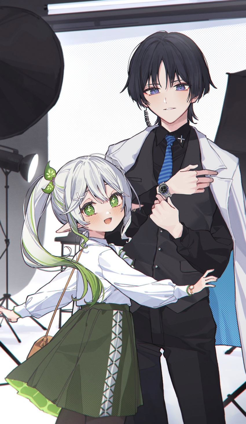 1boy 1girl absurdres bag black_hair black_pants black_shirt black_vest blue_necktie blush commentary_request cross-laced_clothes cross-laced_skirt cross-shaped_pupils diagonal-striped_clothes diagonal-striped_necktie ear_piercing from_side genshin_impact green_eyes green_hair green_skirt highres long_sleeves multicolored_hair nahida_(genshin_impact) necktie open_mouth pants piercing pointy_ears puffy_long_sleeves puffy_sleeves purple_eyes scaramouche_(genshin_impact) shirt shoulder_bag side_ponytail skirt smile streaked_hair striped_clothes symbol-shaped_pupils tsukino_(nakajimaseiki) upper_body vest watch white_hair white_shirt wristwatch