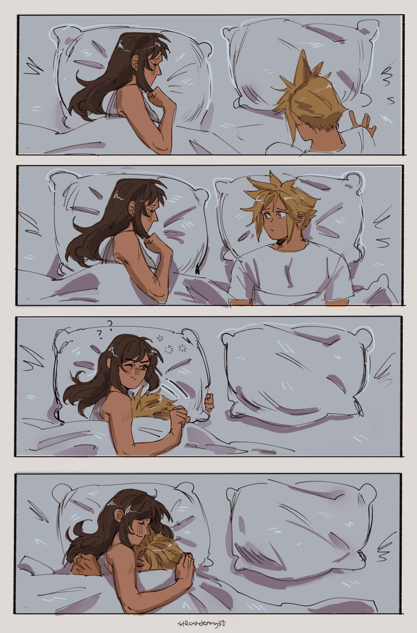 1boy 1girl ? ?? absurdres bed bed_sheet black_hair blonde_hair closed_mouth cloud_strife commentary couple cuddling final_fantasy final_fantasy_vii highres hug long_hair looking_at_another lying on_back on_side pillow profile sequential shirt short_hair short_sleeves sleeping smile spiked_hair strawderryst symbol-only_commentary tifa_lockhart twitter_username under_covers upper_body white_shirt