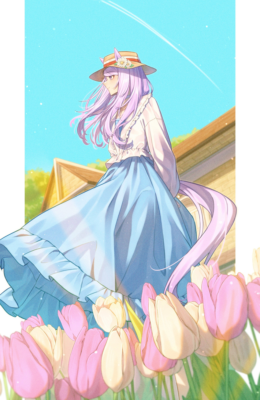 1girl absurdres animal_ears arms_behind_back blue_dress border choker contrail dress ear_flower ears_through_headwear floating_clothes floating_hair flower frilled_dress frills hat highres horse_ears horse_girl horse_tail house implied_yuri isana615 jacket long_hair long_sleeves looking_at_another mejiro_mcqueen_(umamusume) outside_border pillarboxed pink_flower pink_tulip purple_eyes purple_hair smile solo sun_hat swept_bangs tail tulip umamusume white_border white_choker white_jacket yellow_flower yellow_tulip