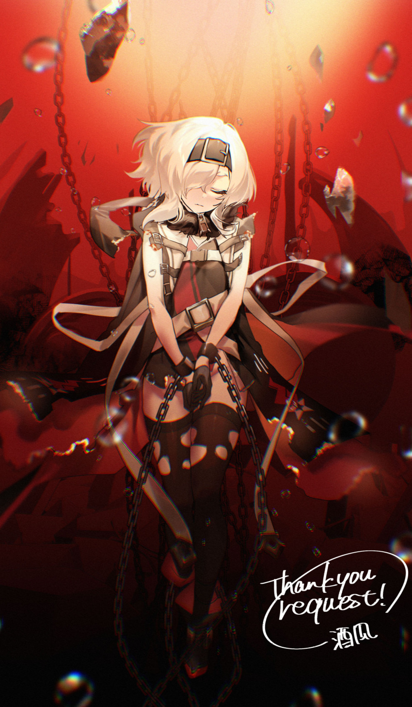 1girl absurdres azur_lane bare_shoulders black_coat black_gloves black_hairband bon_homme_richard_(meta)_(azur_lane) boots breasts burnt_clothes chained_legs chained_wrists closed_eyes coat commission dress expressionless facing_viewer full_body fur-trimmed_coat fur_trim gloves groin hair_over_one_eye hairband half_gloves hamuko_(bonresuhm) highres hip_focus legs_together light_frown medium_hair no_panties open_clothes open_coat own_hands_together restrained skeb_commission small_breasts solo standing standing_on_one_leg thighhighs thighs torn_clothes torn_coat torn_dress torn_thighhighs upskirt v_arms white_hair
