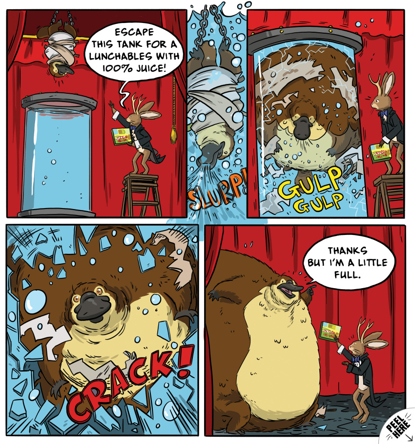 2016 absurd_res antlers belly big_belly black_border bloated body_expansion border comic curtains curtains_open dialogue english_text glass glass_cracking hi_res horn huge_belly inflation jackalope ladder lagomorph liquid_inflation lunchables mammal mark_wetzel monotreme official_art onomatopoeia platypus sound_effects speech_bubble text water water_inflation