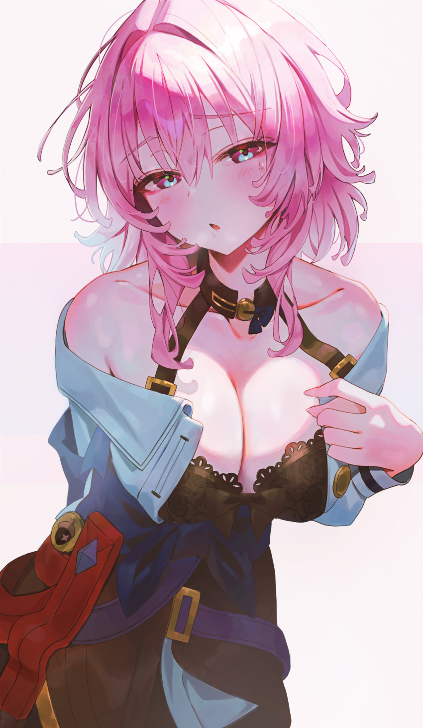 1girl :o absurdres bare_shoulders black_bra blue_eyes bra breasts center_opening cleavage collarbone commentary_request cowboy_shot hair_between_eyes highres honkai:_star_rail honkai_(series) indol lace-trimmed_bra lace_trim large_breasts leaning_forward looking_at_viewer march_7th_(honkai:_star_rail) off-shoulder_shirt off_shoulder open_mouth pink_hair shirt short_hair solo sweat underwear upper_body white_background