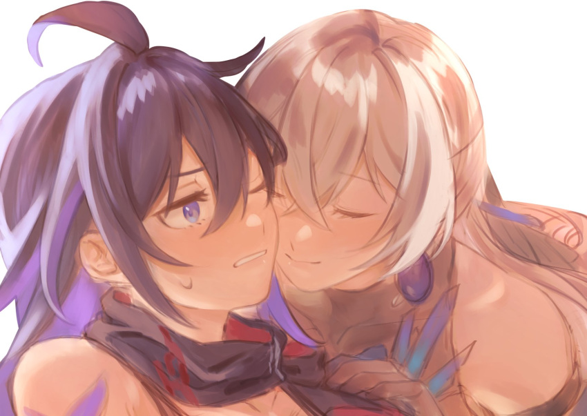 2girls bare_shoulders black_scarf blush bronya_rand cheek-to-cheek closed_eyes closed_mouth commentary_request earrings elan_ouo grey_hair hand_on_another's_shoulder heads_together highres honkai:_star_rail honkai_(series) jewelry long_hair multiple_girls one_side_up parted_lips purple_eyes purple_hair scarf seele_(honkai:_star_rail) simple_background smile sweatdrop white_background yuri
